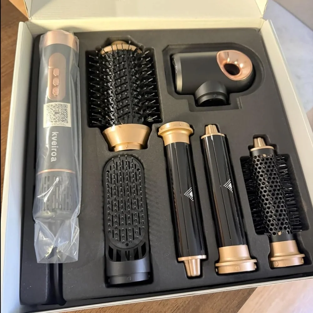 NEW! 6 in 1 Hot Air Brush & Hair Dryer with Auto Wrap Curlers Black Gold